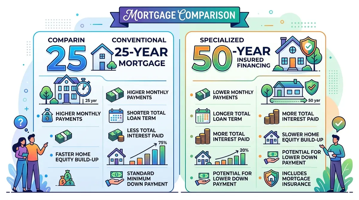 Comparison graphic showing conventional 25-year mortgages versus specialized 50-year insured financing