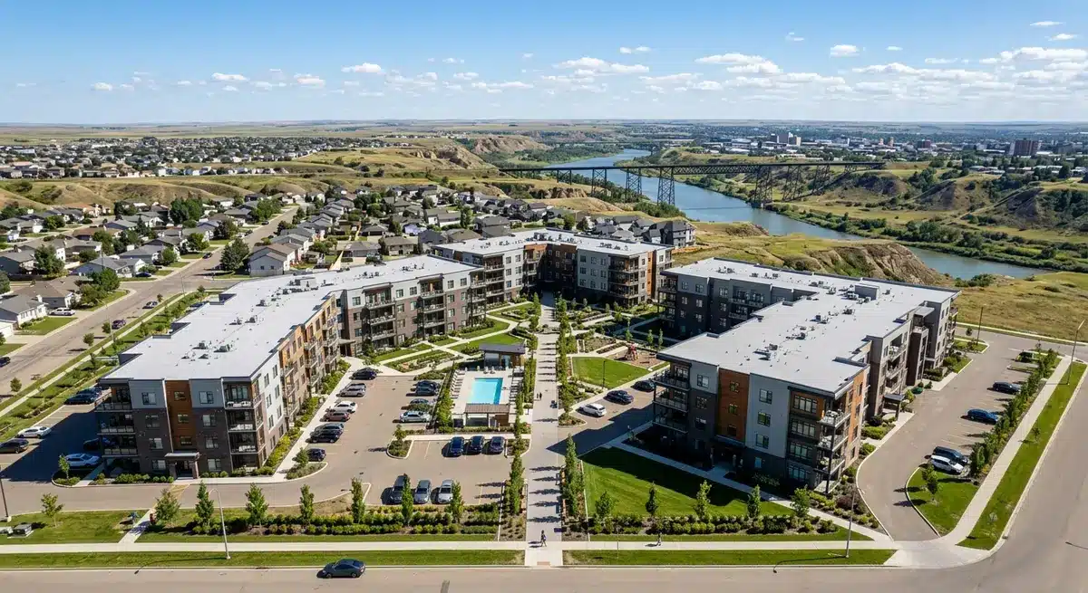 Aerial view of a modern apartment building complex in West Lethbridge Alberta
