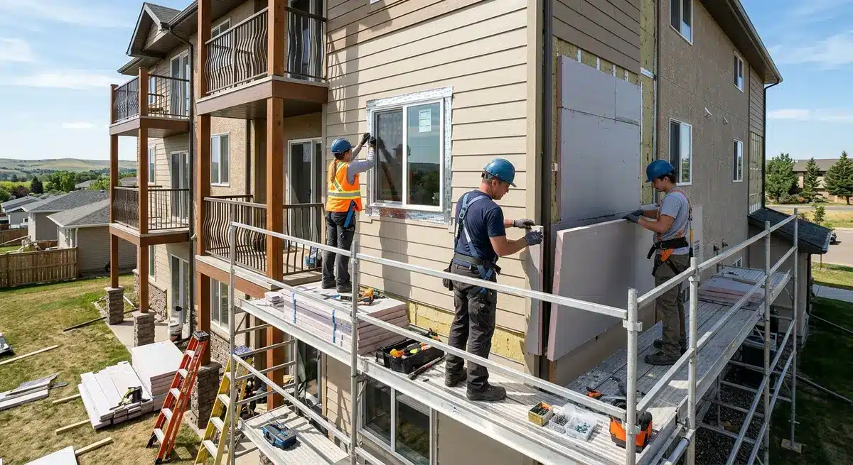 Contractors performing energy efficiency retrofits on a multi-family property in Lethbridge