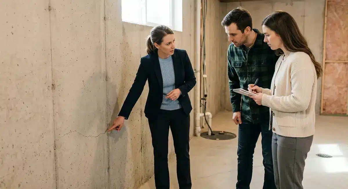 Real estate agent pointing out structural features of an Alberta home's foundation to prospective buyers