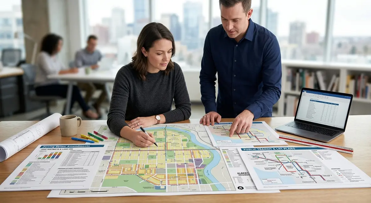 Map of an Alberta neighborhood with zoning documents and transit plans laid out on a table