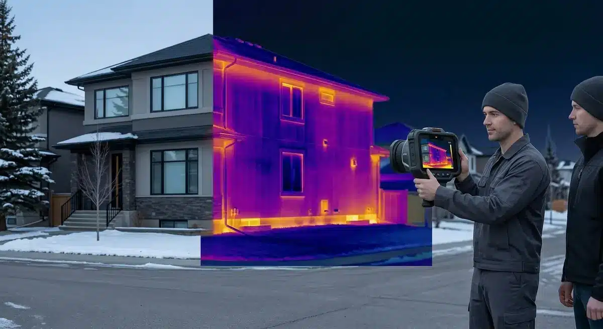 Thermal imaging camera showing energy efficiency and heat retention of a modern Alberta home
