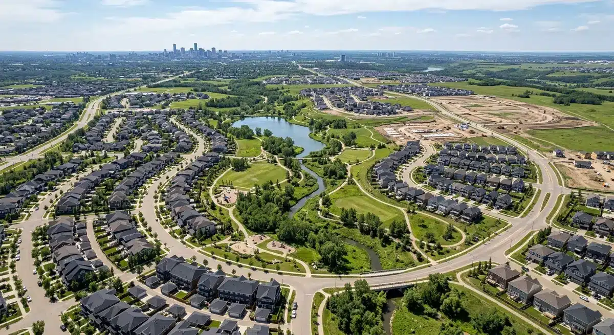 Aerial view of a master-planned community in Edmonton highlighting suburban expansion and green spaces