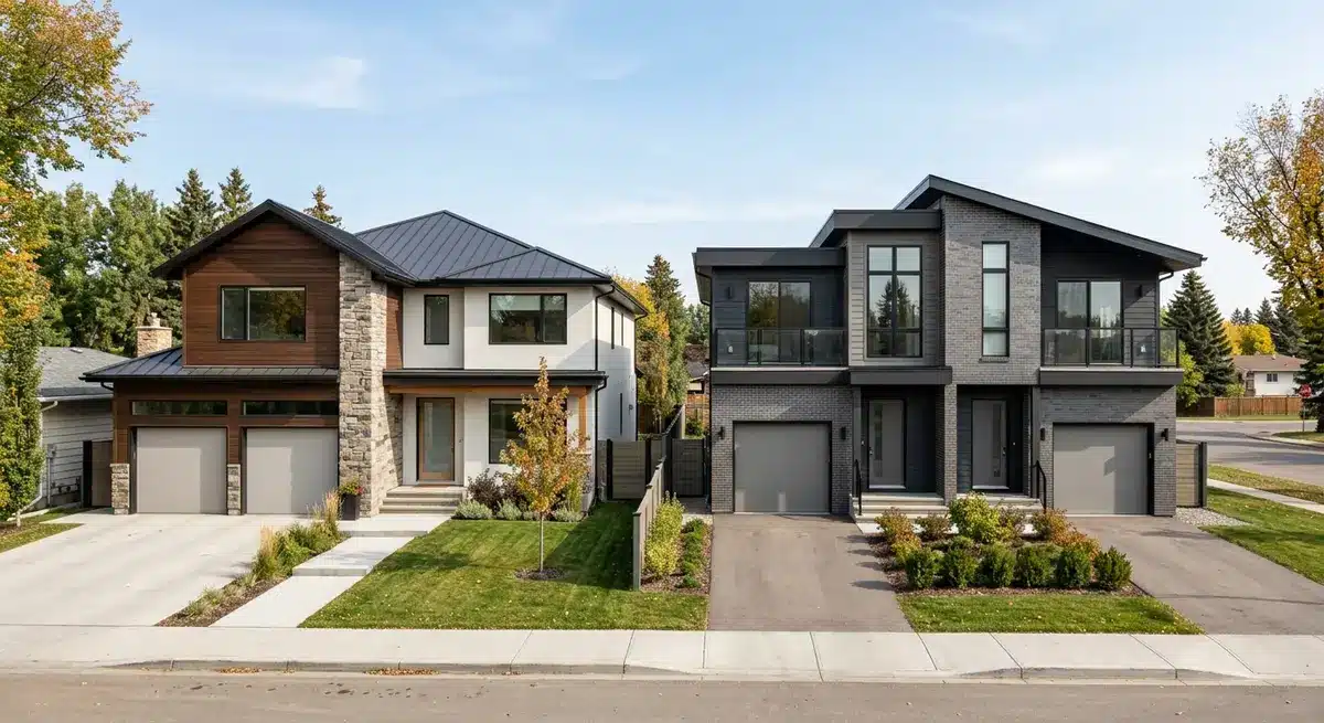 A side-by-side architectural comparison of a single-family home and a modern duplex in Alberta