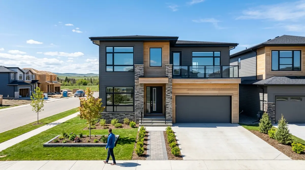 Modern new build home exterior featuring energy-efficient windows in a developing Alberta suburban community