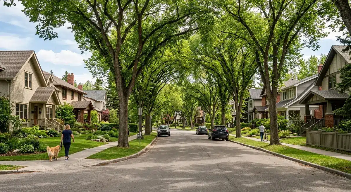Mature tree-lined street in an established Calgary resale neighborhood during summer