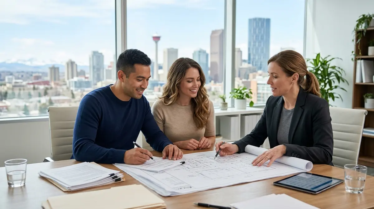 Couple reviewing real estate documents and blueprints with an Alberta property consultant