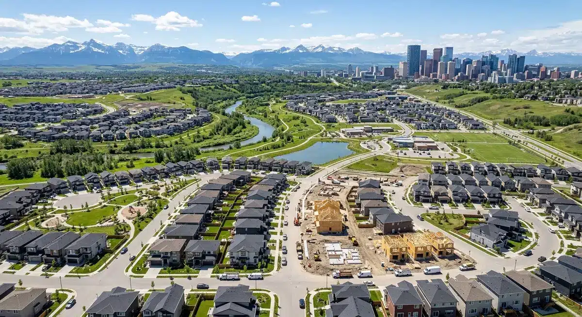 Aerial view of a modern residential neighborhood in Calgary Alberta showing new housing developments in 2026