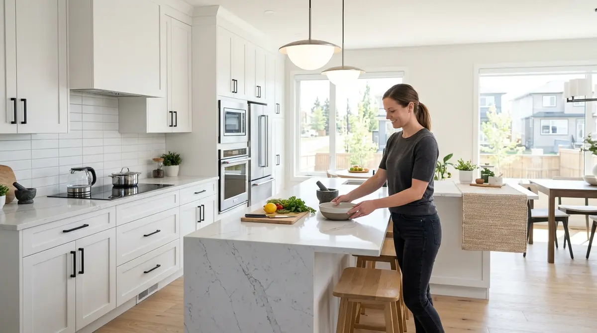 A modern kitchen interior in a newly constructed Edmonton home featuring energy efficient appliances and quartz countertops