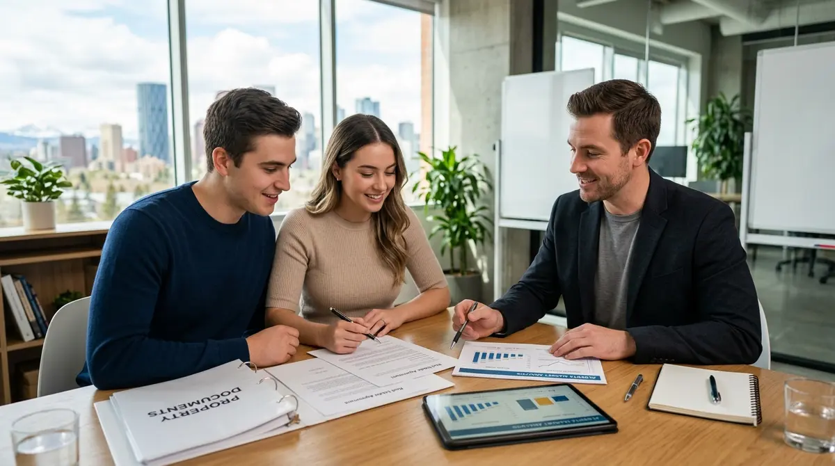 A young couple reviewing real estate documents and housing market charts with a professional agent in Alberta