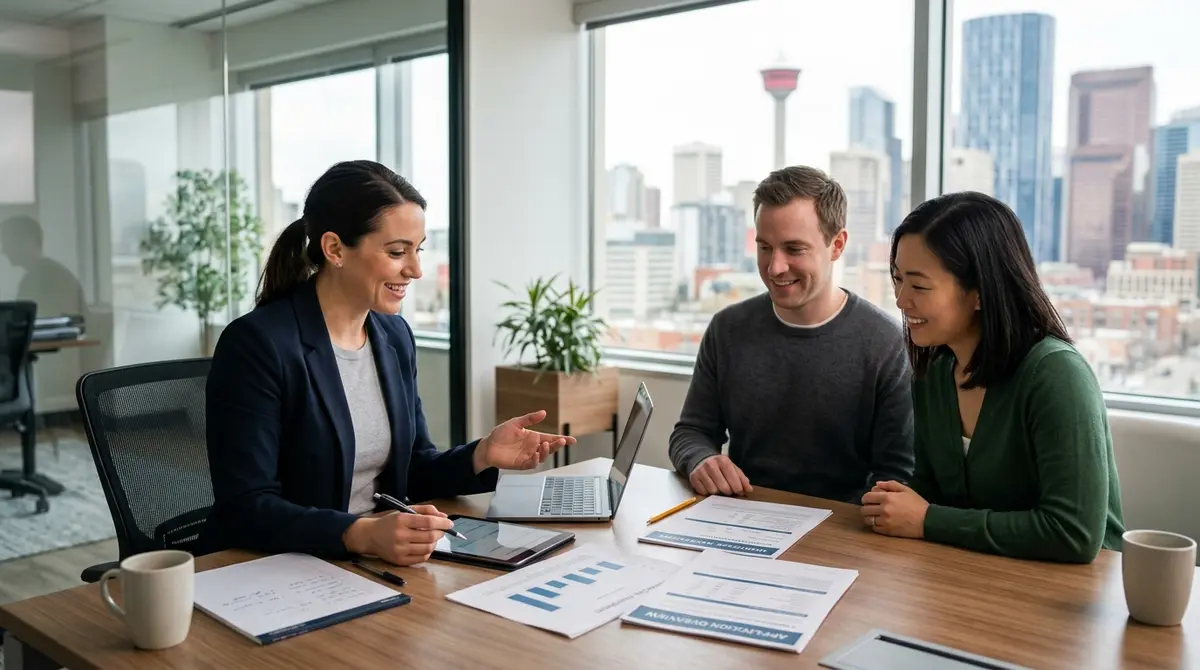 A professional Alberta mortgage broker reviewing financial documents with clients in a modern Calgary office