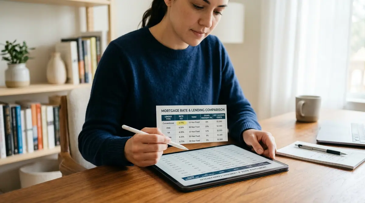 A detailed comparison chart showing mortgage rates and lending options on a digital tablet