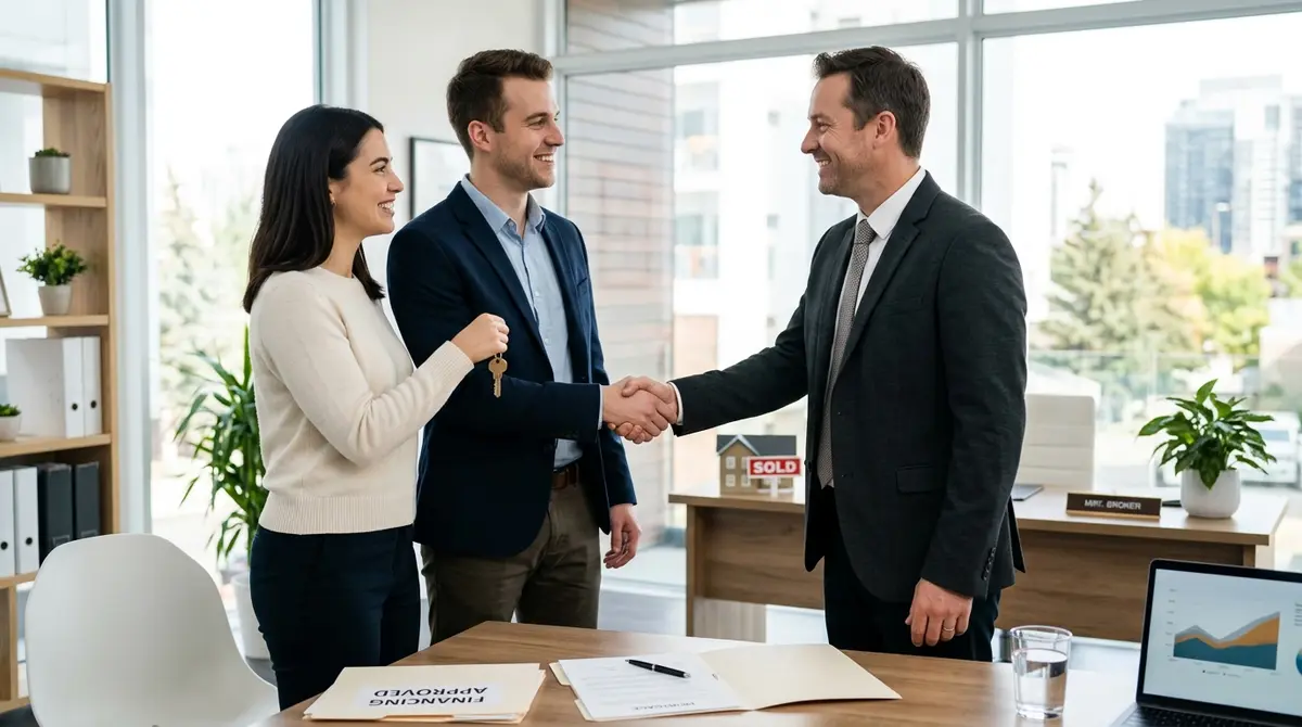A couple shaking hands with their Alberta mortgage broker after successfully securing financing for their new home