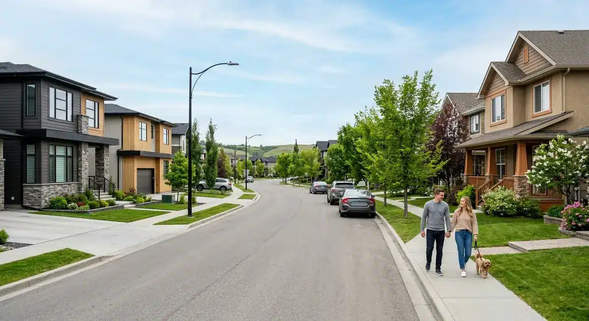 A modern residential street in Calgary, Alberta showcasing a mix of new construction and resale homes during the 2026 real estate market stabilization.