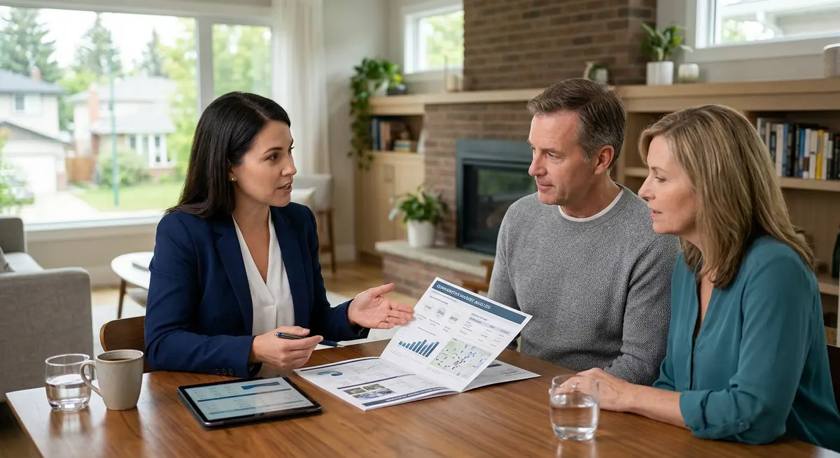 A real estate agent discussing a comparative market analysis report with a homeowner in Edmonton, highlighting the importance of accurate 2026 pricing strategies.