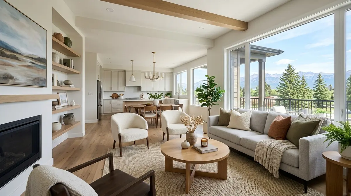 A beautifully staged living room in an Alberta home, demonstrating the turnkey presentation required to attract buyers in the competitive 2026 real estate market.