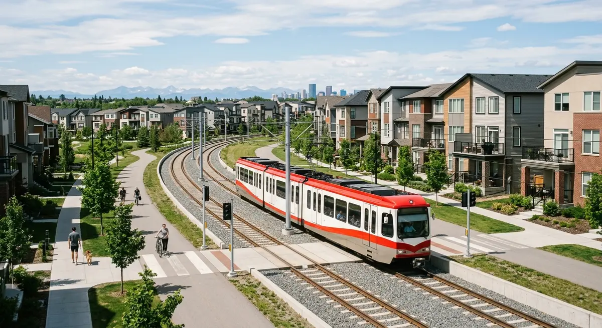 Modern light rail transit train passing through a newly developed residential neighborhood in Calgary Alberta