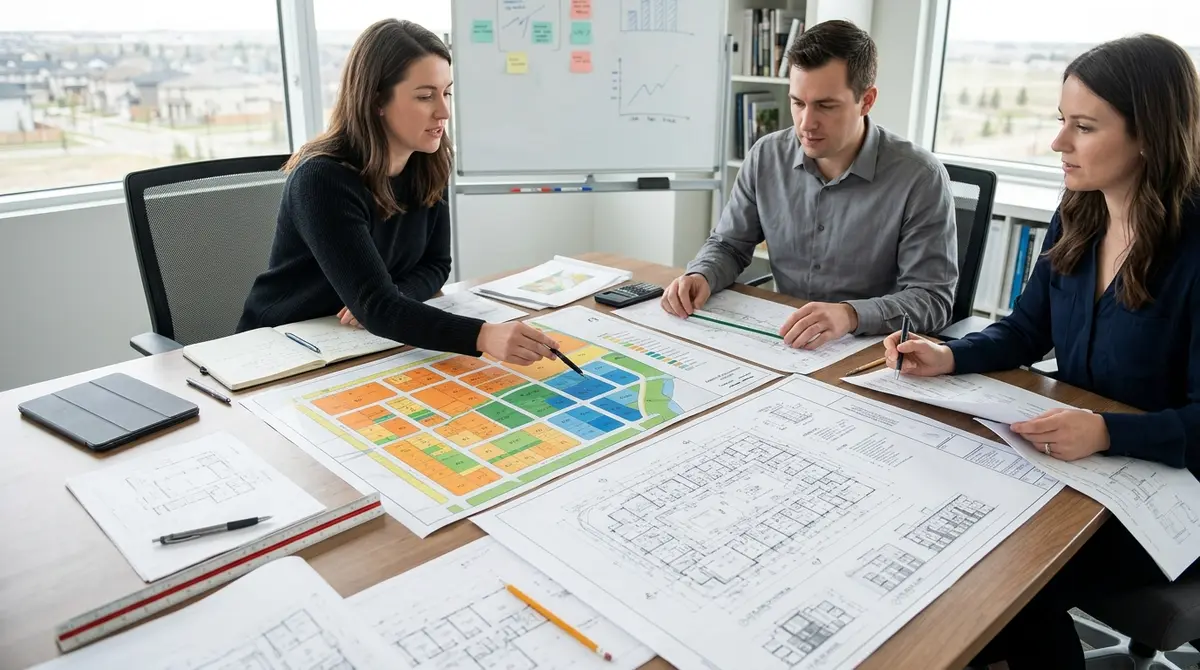Architectural blueprints and zoning maps spread across a table highlighting residential density planning in Alberta