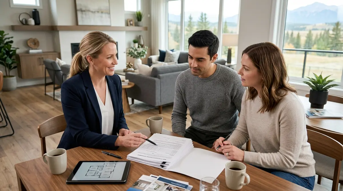 Real estate agent and homebuyer reviewing a new construction contract together in a modern Alberta showhome