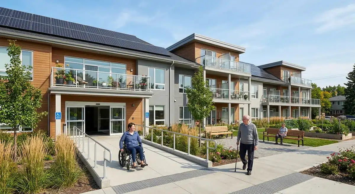 A modern multi-family residential complex in Edmonton featuring solar panels and accessible design elements