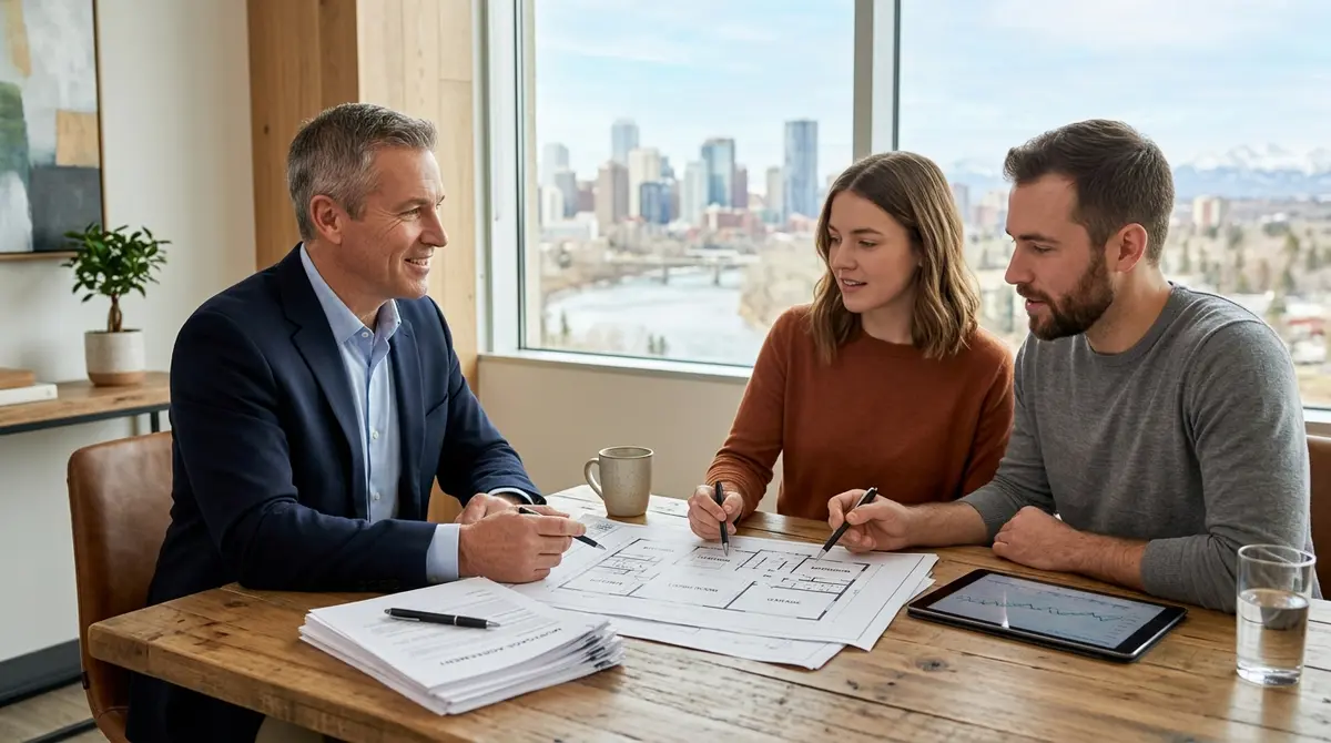 A financial planner reviewing mortgage documents and blueprints with a young couple in Alberta