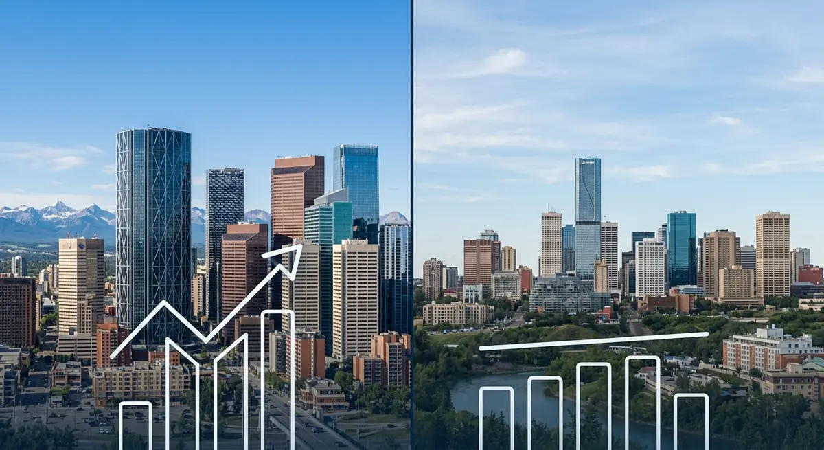 A side-by-side comparison of Calgary and Edmonton city skylines highlighting the 2026 real estate market divergence