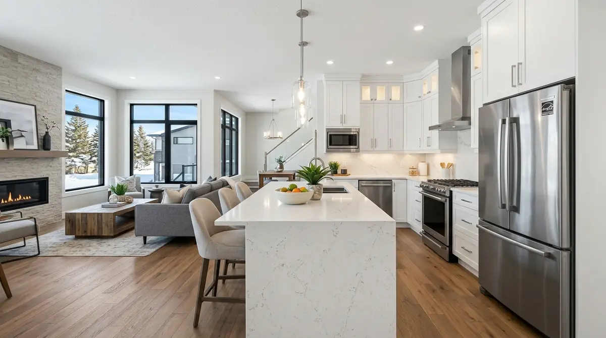 A modern Alberta new build home interior showcasing luxury upgrades and energy-efficient appliances included as builder incentives