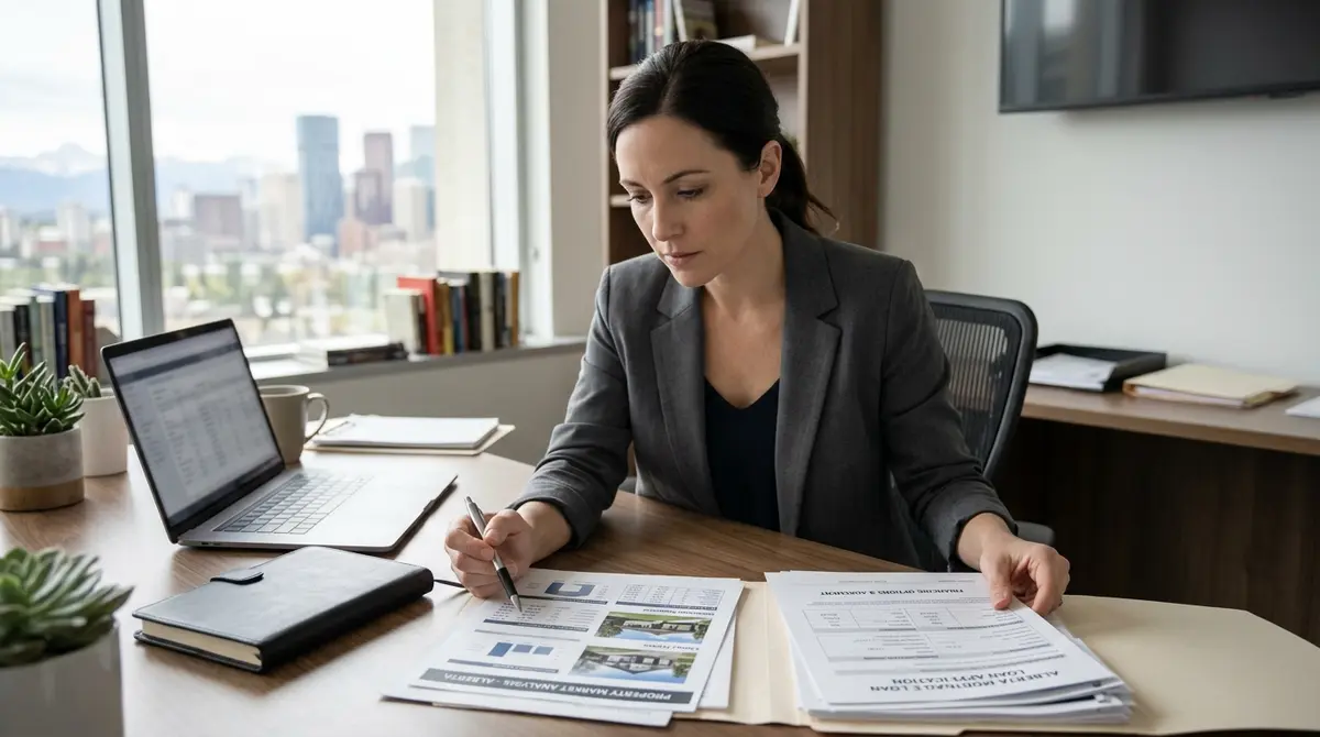 A real estate investor reviewing a comparative market report and financing documents for an Alberta property