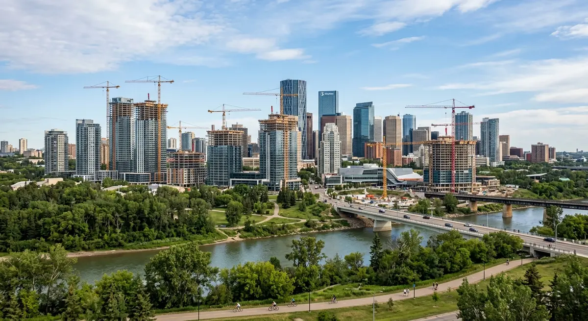 Edmonton skyline showing new residential development and construction cranes in 2026