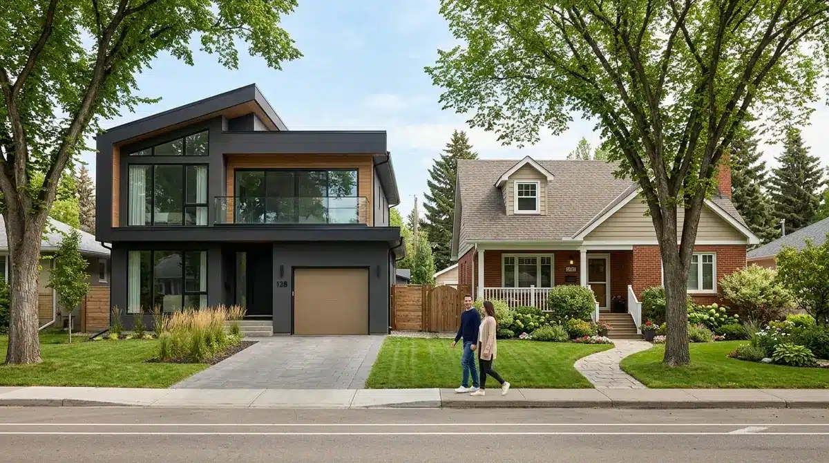 Comparison of a modern new build home and a classic resale property in an established Edmonton neighborhood