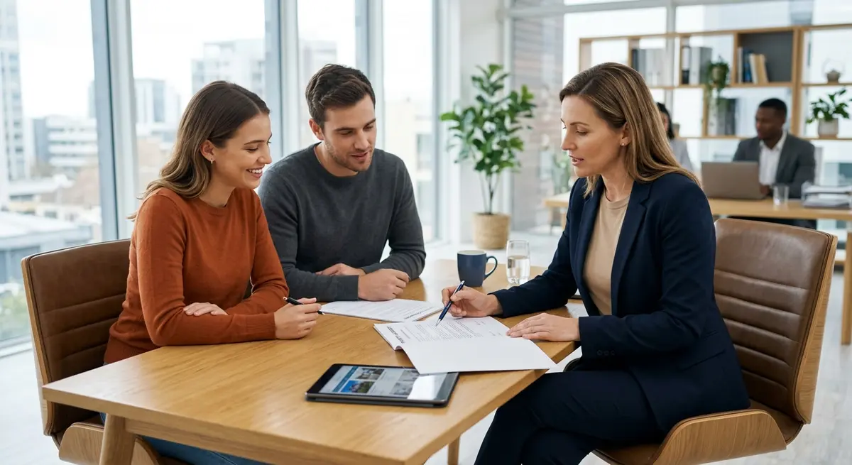Real estate agent and buyers reviewing property documents and contracts at a modern office desk