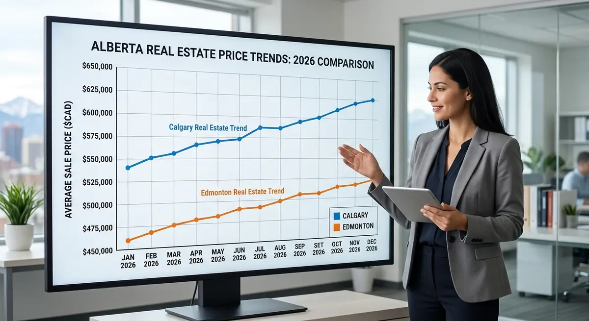 Comparative chart showing Calgary and Edmonton real estate price trends in 2026