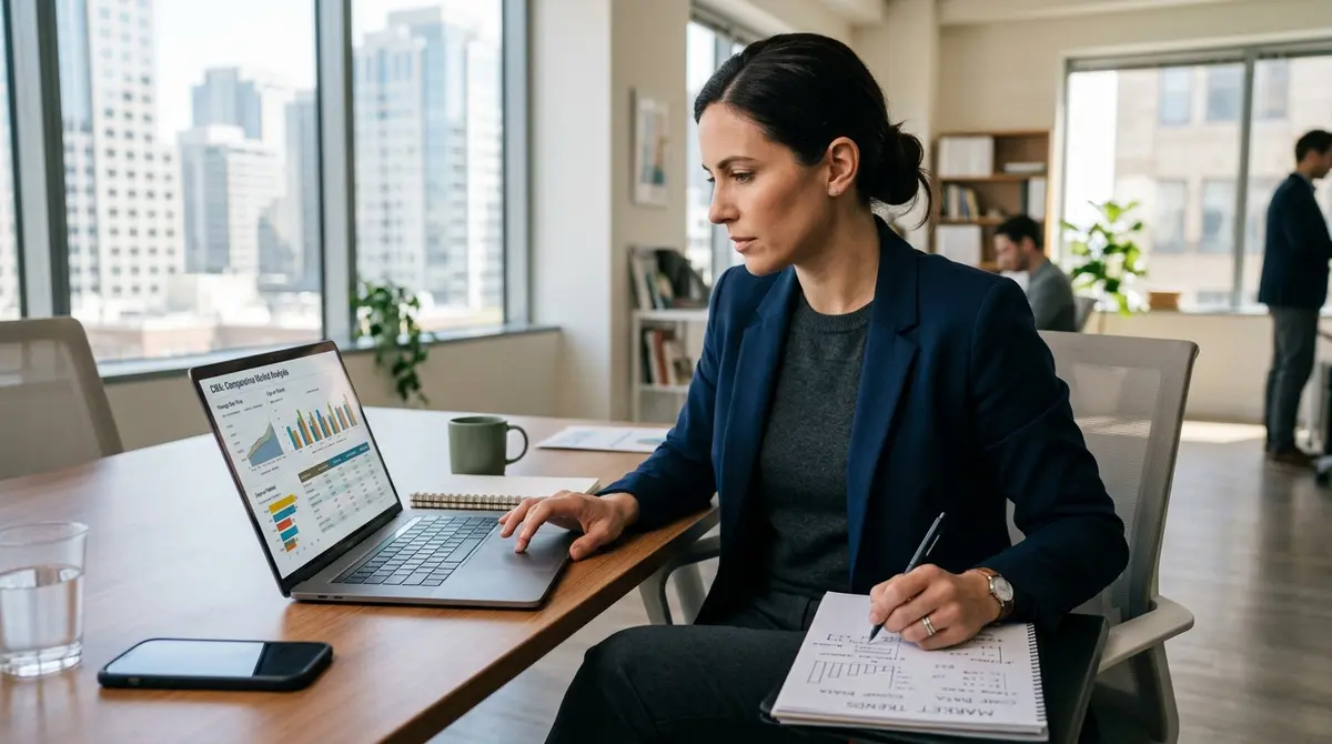 Real estate investor analyzing comparative market data on a laptop