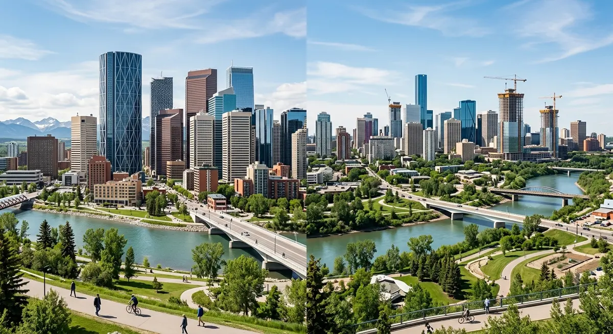 Comparison of Calgary and Edmonton real estate skylines highlighting investment growth in 2026