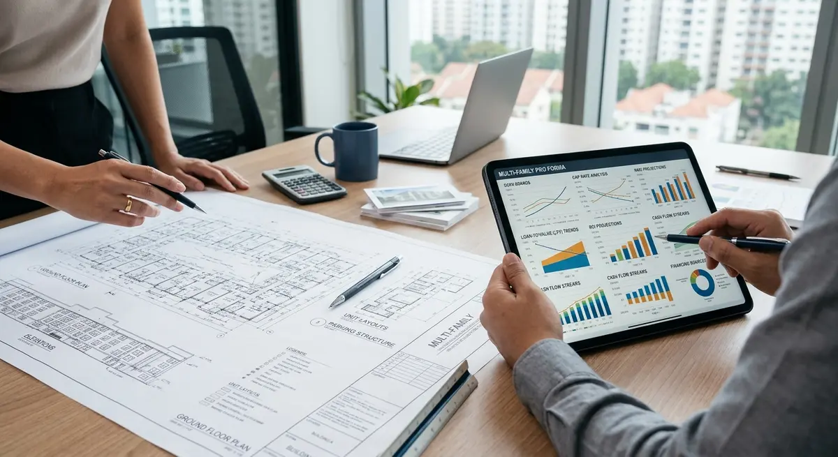 Architectural blueprints and financial charts demonstrating multi-family real estate financing strategies