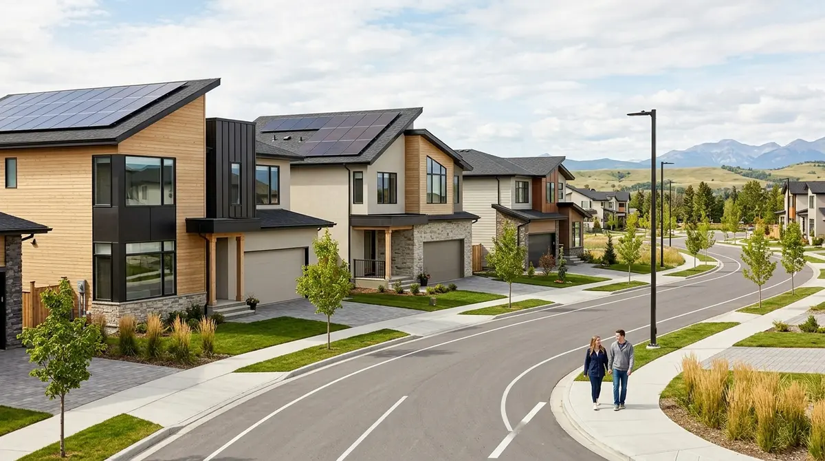 Newly constructed residential neighborhood in Alberta featuring modern energy-efficient homes