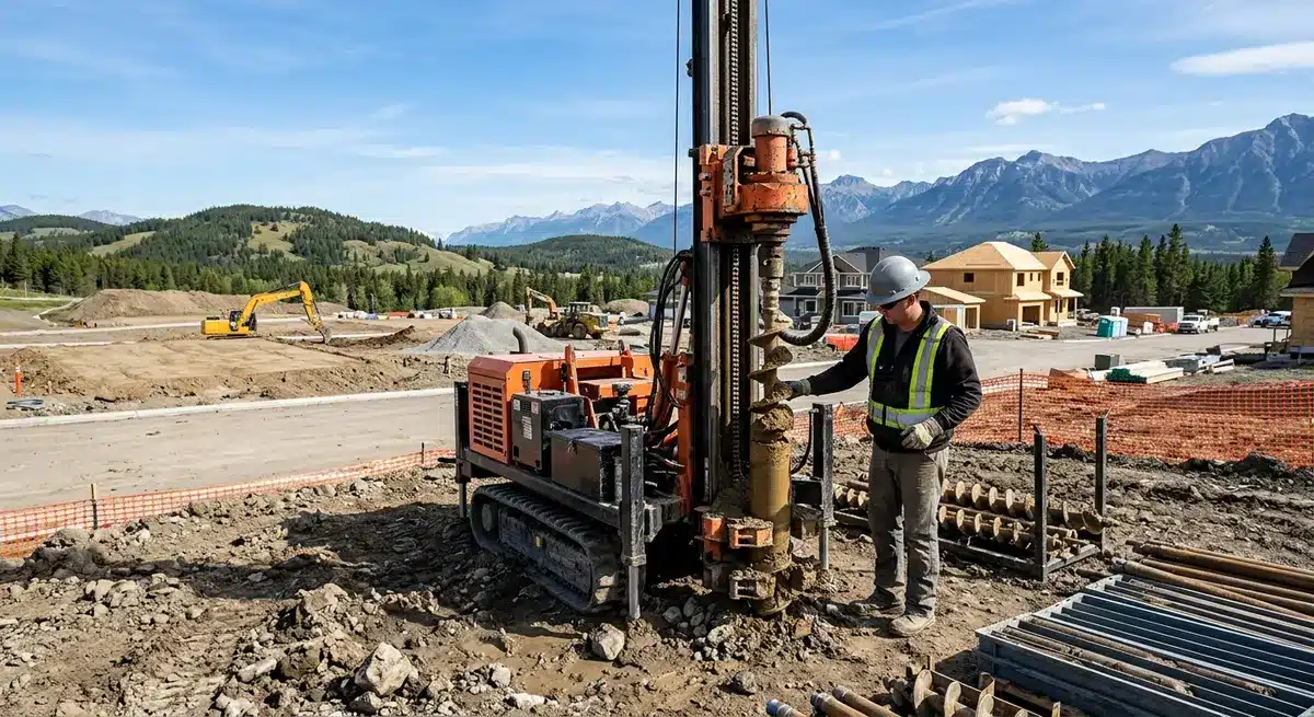 Geotechnical drilling rig extracting earth samples on an Alberta residential construction site