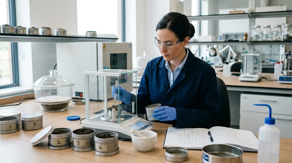 Laboratory technician analyzing soil composition and moisture content for a geotechnical report