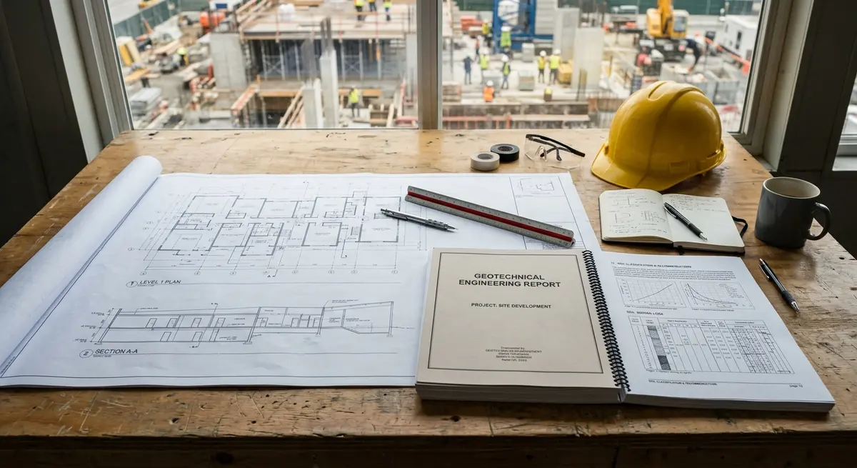 Architectural blueprints and a geotechnical engineering report laid out on a construction desk