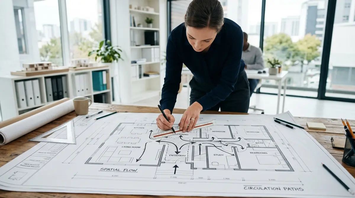 Architectural blueprint showing spatial flow and circulation zones in a modern residential home