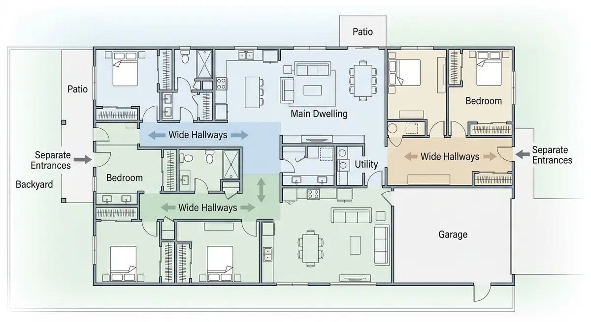 Top-down view of a multi-generational home floor plan highlighting separate entrances and wide hallways