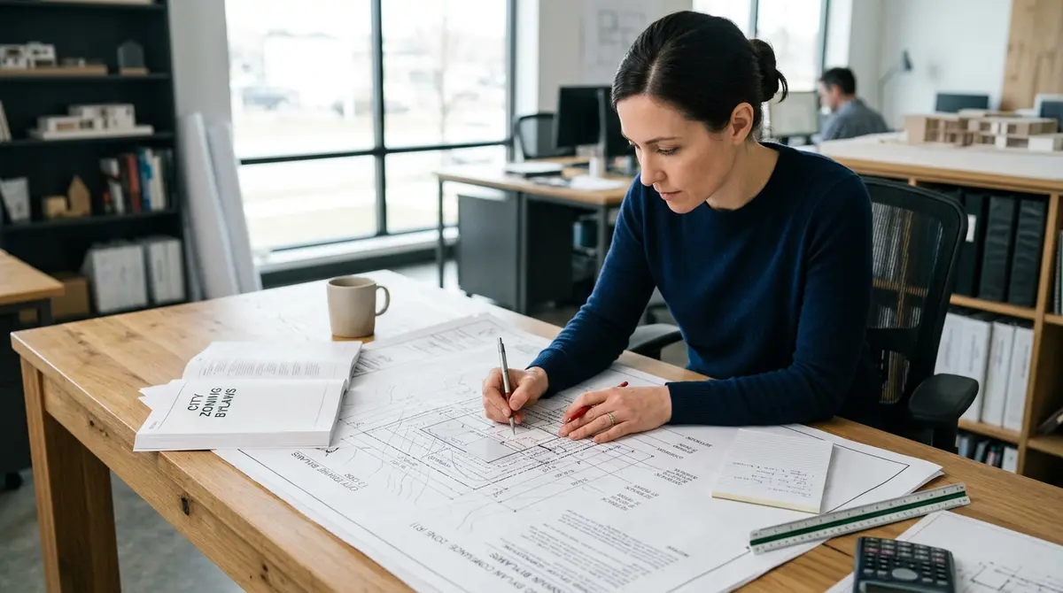 Architect reviewing zoning bylaws and lot setback requirements on a residential site plan