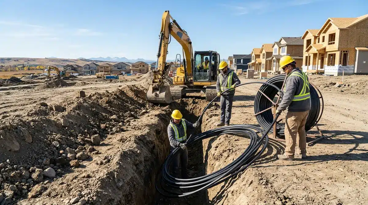 Installation of a ground source geothermal heating loop in a new Alberta residential development