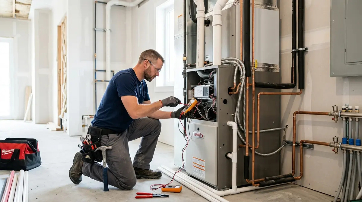 Contractor installing a high-efficiency dual-fuel hybrid heating system in a Calgary new build