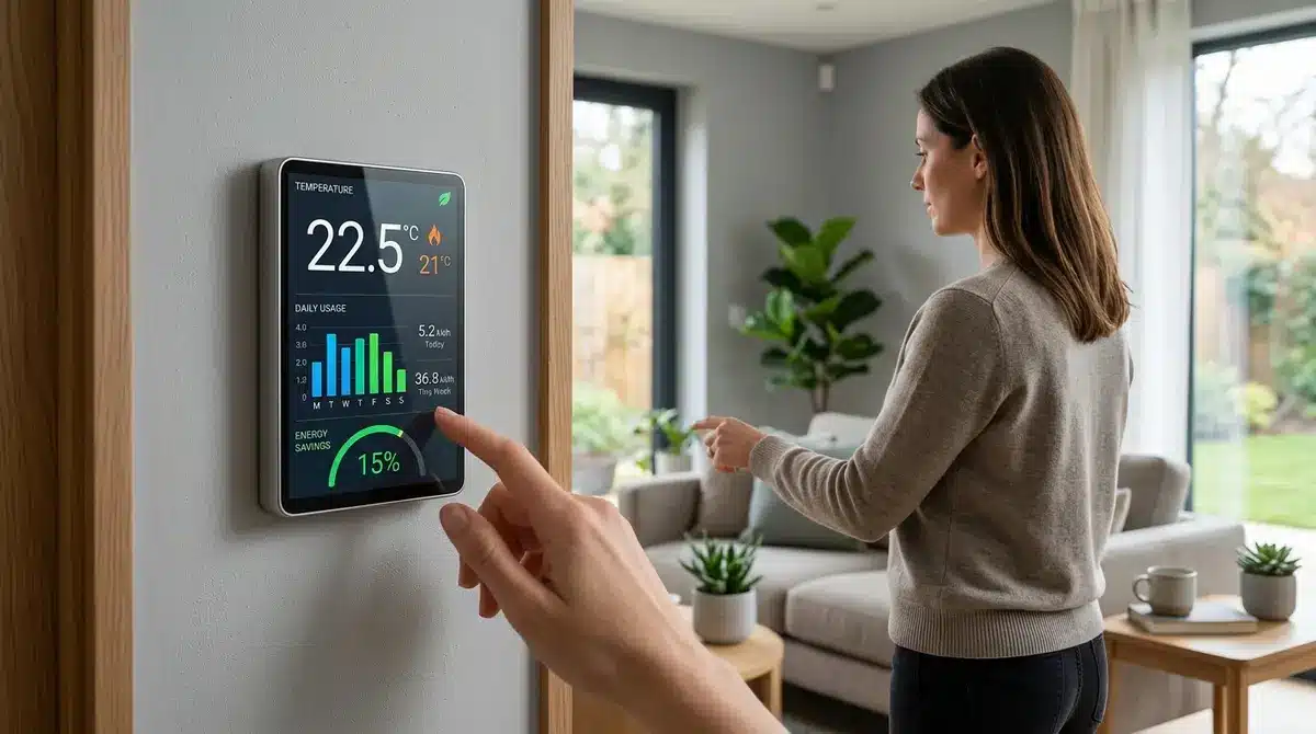 Smart thermostat interface displaying energy usage and temperature controls in a modern home