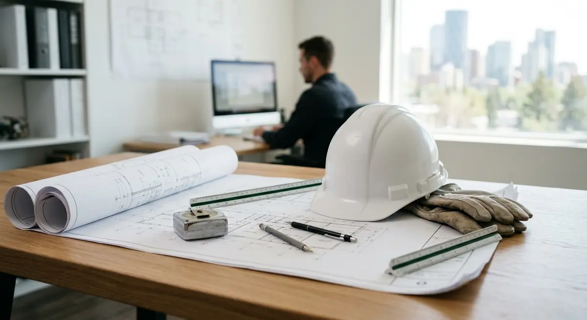 Architectural blueprints and a hard hat representing the Alberta municipal approval process