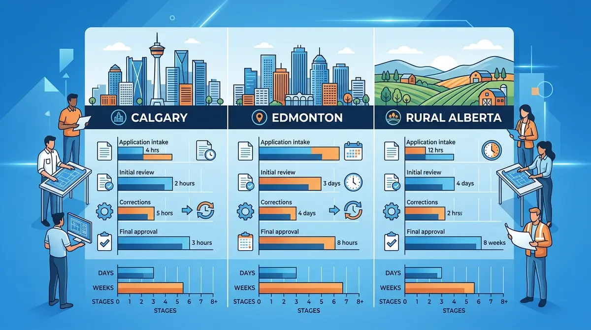 Comparison chart showing building permit processing times across Calgary, Edmonton, and rural Alberta