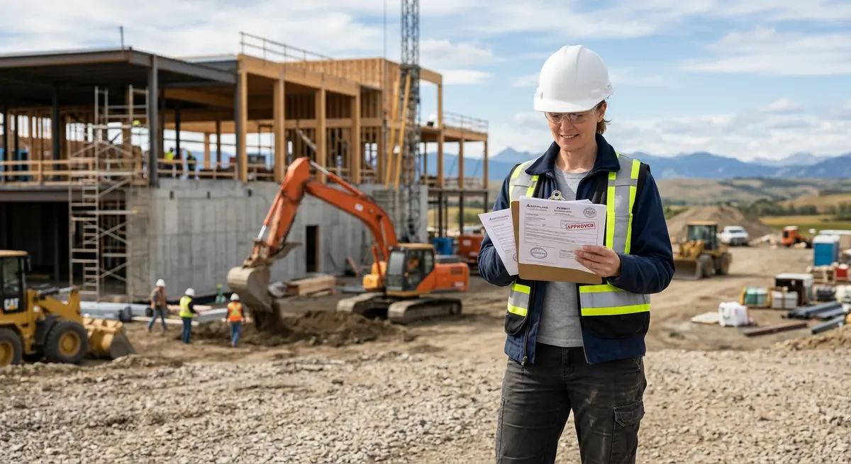 Construction manager reviewing approved building permits on an Alberta job site