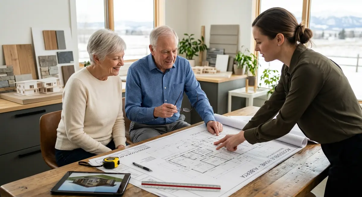 Senior couple reviewing blueprints with an architect for their new accessible home in Alberta