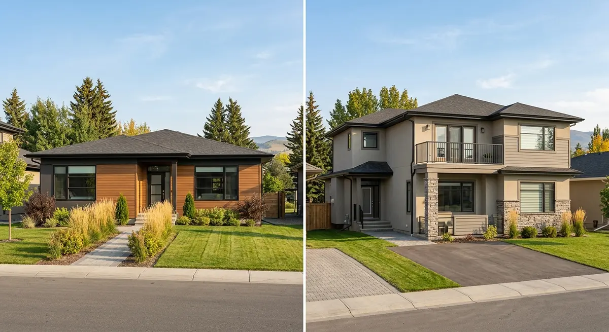 Comparison of a single-story bungalow and a multi-generational home design in Alberta